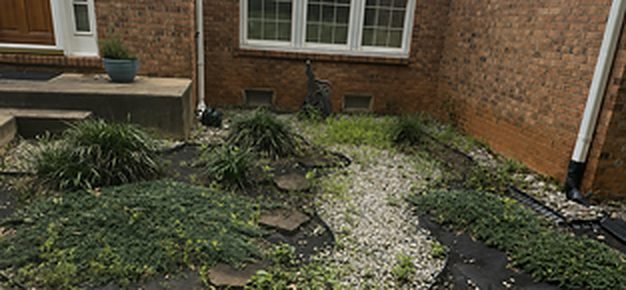 Before: front yard with white rocks and overgrown plants