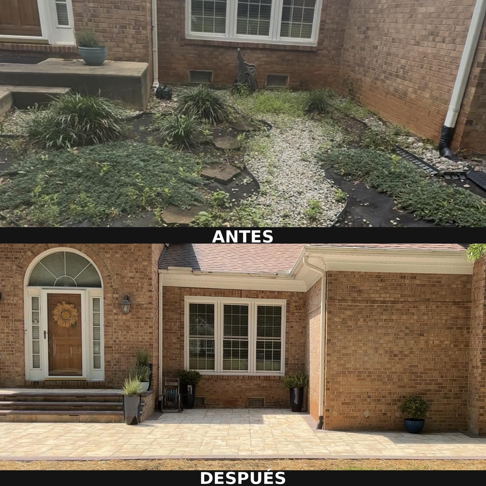 Before & after: overgrown front yard turned into a paver entrance patio